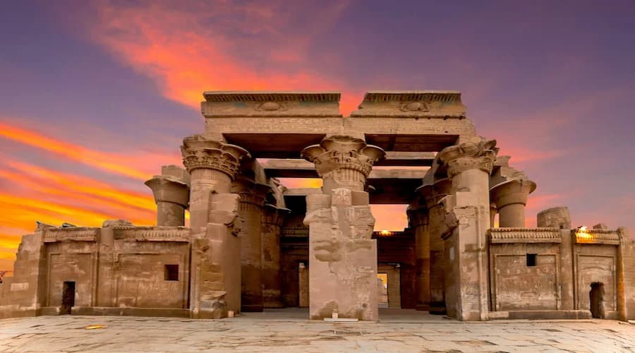 Panoramic view of Kom Ombo Temple with its symmetrical design along the Nile River in Aswan, Egypt